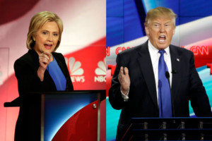 Photos (left) by Mic Smith; (right) by David J. Phillip Democratic presidential candidate Hillary Clinton and Republican presidential candidate Donald Trump will seek to "not lose" in front of a television audience that is expected to rival the Super Bowl's.