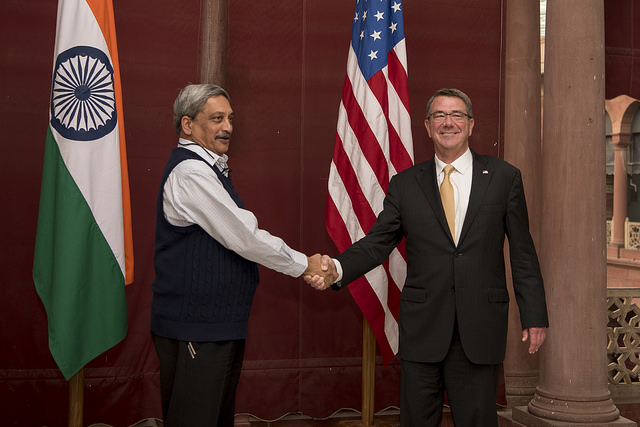 Defence Minister Manohar Parrikar greets United States Defence Secretary Ashton Carter during his visit to New Delhi on Thursday, Dec. 8, 2016. (Photo credit: Dept. of Defense/via IANS)