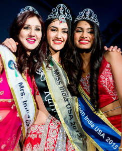 Miss India USA 2015 Karina Kohli flanked by Mrs. India USA Neha Multani Verma (L) and Miss Teen India USA Aanchal Shah (R) (Photo: Suresh Jilla and John Martin)