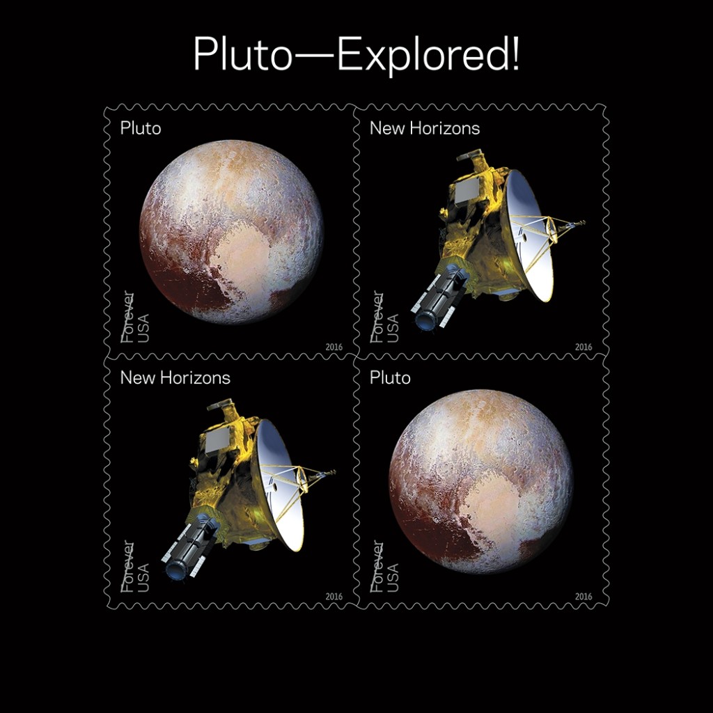 The souvenir sheet of four Pluto stamps contains two new stamps appearing twice. (Photo: NASA)