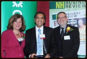 Pictured from the right is McClean Communications President Sharron McCarthy, YogaCaps and RxRelax co-Founder Jay Gupta, and NH Business Review Editor Jeff Feingold.  