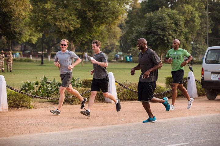 Mark Zuckerberg during a morning run in Delhi with Chris Daniels and Ime Archibong from Facebook. (Photo: Mark Zuckerberg) 