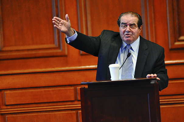 Associate Justice Antonin Scalia ’60 delivers inaugural Vaughan Lecture, “methodology of originalism” at Harvard Law School. (Photo: Harvard Gazette)