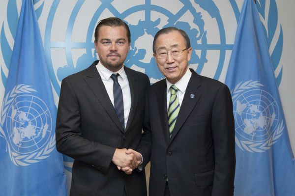 Actor Leonardo DiCaprio, the UN Messenger of Peace, who addressed the opening of the signing ceremony for the Paris climate change agreement, seen with Seceretary General Ban Ki-moon Friday, April 22, 20016. (Credit: UN/IANS) 