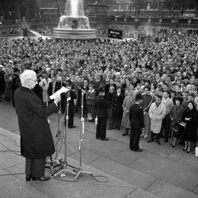 British philosopher Bertrand Russell addresses an anti-nuclear weapons protest in London in 1961