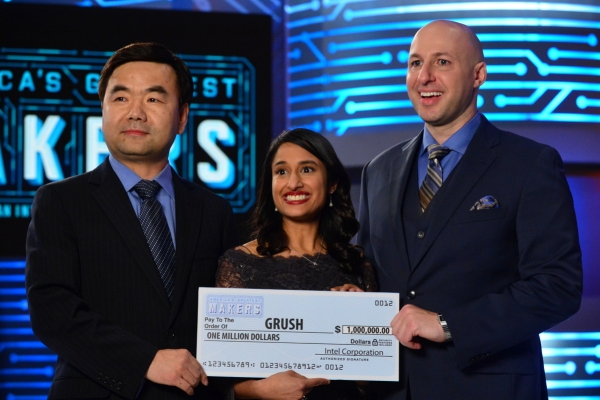 Interactive digital toothbrush created by a team of parent entrepreneurs wins America's Greatest Makers. Team Grush crowned America’s Greatest Makers: (from left) Yongjing Wang, Dr. Anubha Sacheti and Ethan Schur.