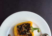 Food: Spicy, stuffed peppers with kale and quinoa, vegan, gluten-free