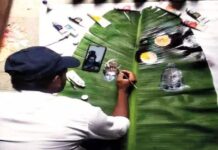 In an unusual art form, UP student paints on banana leaves