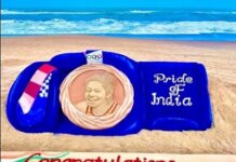 Sand artist Sudarsan Pattnaik makes giant boxing gloves to wish Lovlina