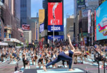 Yogis create island of stillness at New York’s frenetic Times Square