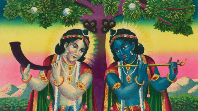 Sri Sri Krishna Balaram (detail), published by Kansaripara Art Studio, about 1910–20. Lithograph. Marshall H. Gould Fund.